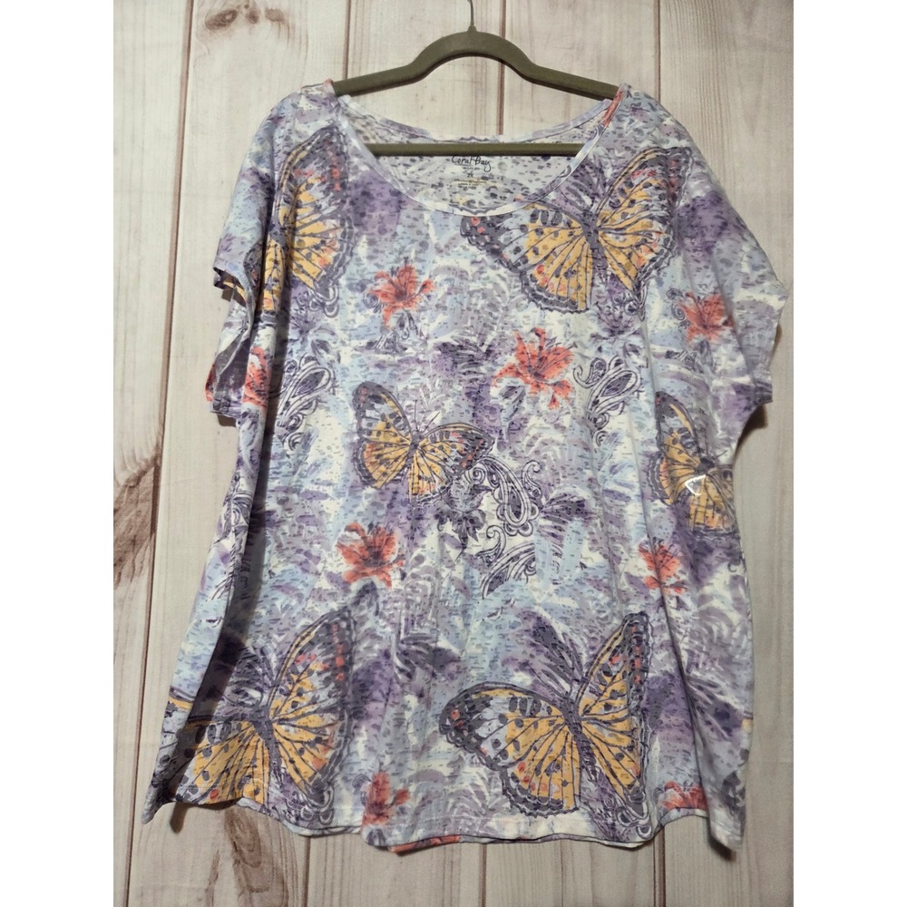 Coral Bay Woman 2X Purple Butterfly Floral Paisley Short Sleeve Scoop Neck Top